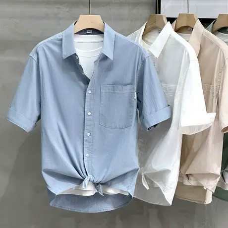 丝光纯棉夏季短袖衬衫男设计感极简中袖衬衣男日系宽松外穿寸衣潮商品大图