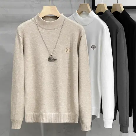 纯色半高领毛衣男秋冬季2023新款刺绣高端保暖百搭中领针织打底衫商品大图