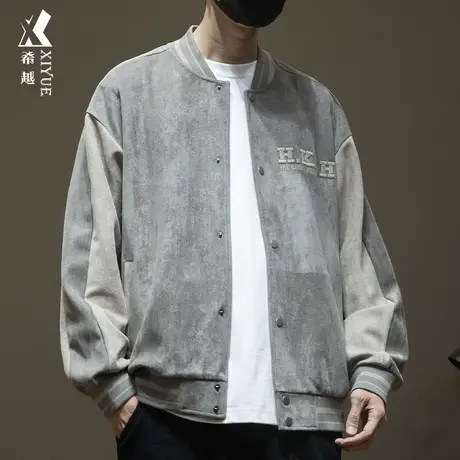希越麂皮绒重磅男士夹克秋冬季宽松大码美式复古棒球服飞行员外套商品大图