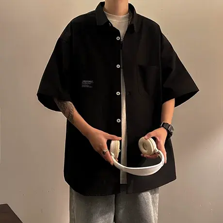 男士卡其色休闲短袖衬衫男夏季男款寸衣男生外套韩版潮流夏装衬衣图片