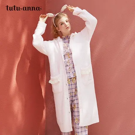 tutuanna秋冬家居服睡衣女公主风纯色连帽毛毛纱加厚长款睡袍外套图片