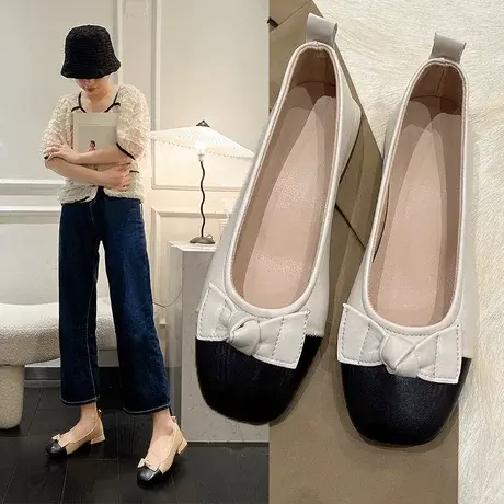 低跟软底尖头蝴蝶结单鞋女2023年方头奶奶鞋仙女风玛丽珍女鞋方跟商品大图