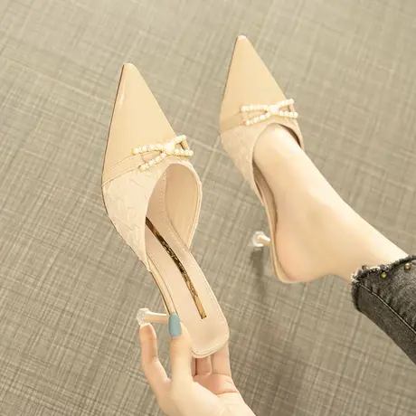 包头半拖鞋女外穿2021年夏季新款细跟尖头气质百搭小香风高跟凉拖商品大图