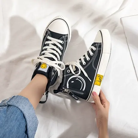 高帮帆布鞋女2021年冬季加绒新款学生ulzzang百搭平底潮鞋ins板鞋商品大图