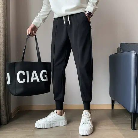 秋冬新款束脚卫裤男纯色修身加厚百搭运动休闲裤冬款哈伦小脚男裤图片