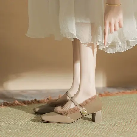 粗跟小香风毛毛鞋女外穿2024年新款冬季一字带中跟玛丽珍加绒单鞋商品大图