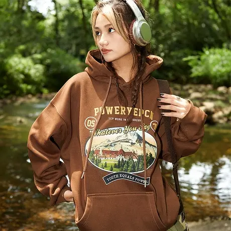 YEP美式复古连帽卫衣女春秋2024年新款户外潮牌宽松oversize上衣商品大图