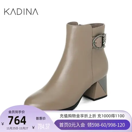 卡迪娜新款饰扣通勤女鞋高跟羊皮革时装靴女靴KA221538图片