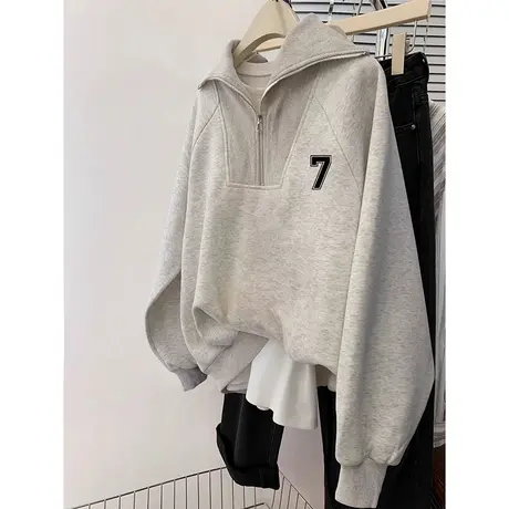 半拉链设计感卫衣女oversize大码复古ins潮秋冬上衣翻领加绒外套商品大图