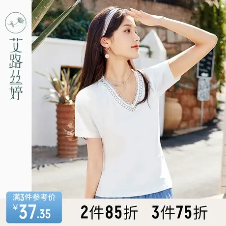 艾路丝婷短袖T恤女2023年夏装新款韩版蕾丝花边领设计感小众上衣商品大图