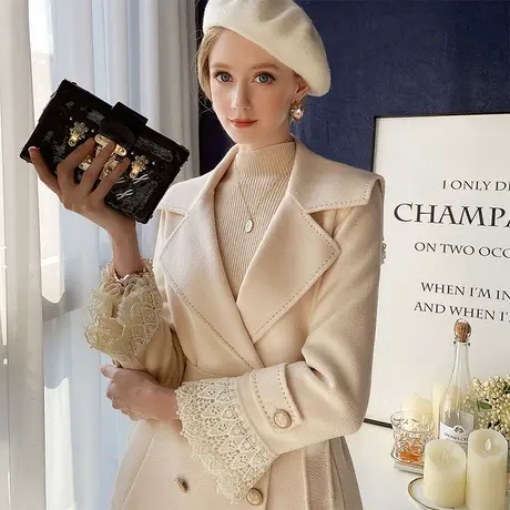 【直播】粉红大布娃娃双面呢外套女蕾丝拼接双排扣呢子大衣中长款商品大图