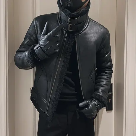 高级感皮毛一体棉衣重磅拼接加厚皮夹克冬款潮男个性痞帅机车棉服商品大图