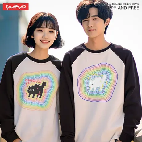 悦游 迷幻线条 梦幻彩色猫狗秋冬拼色长袖T恤纯棉日系重磅图片