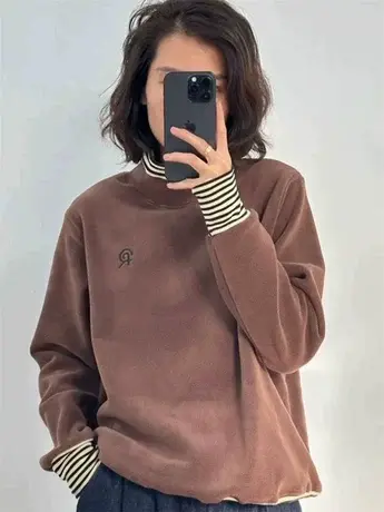 韩版2023秋冬季时尚百搭奥利绒加厚保暖撞色拼接假两件女休闲卫衣图片