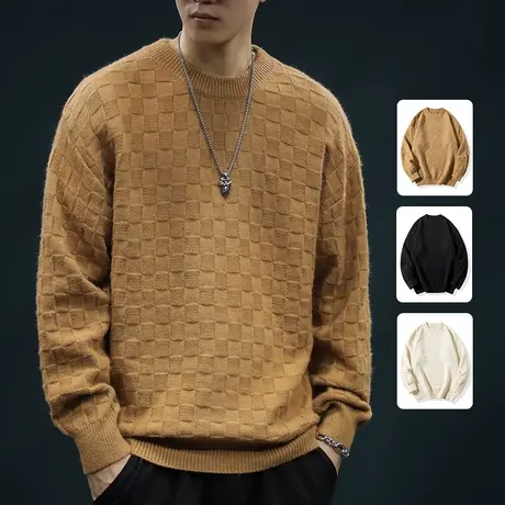 2024新款男装潮牌美式复古宽松圆领毛衣秋冬季情侣打底上衣服冬天图片