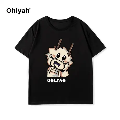 Ohlyah2024春夏新款国潮男女款卡通小龙印花圆领纯棉T恤情侣短袖图片