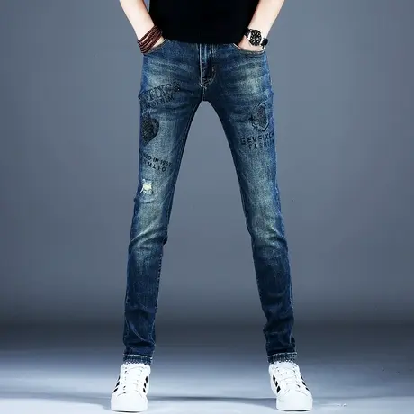 男士复古做旧高端烫钻牛仔裤男款2023新款秋冬裤子潮流男弹力潮牌商品大图
