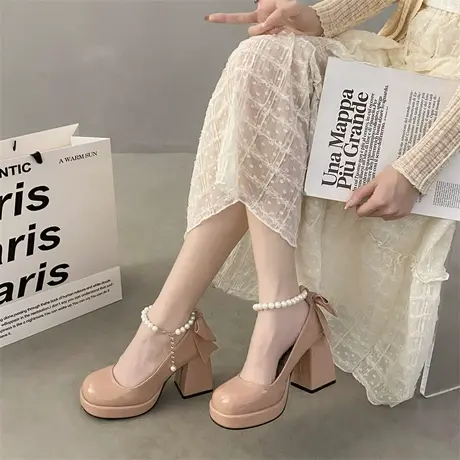 法式珍珠仙女风玛丽珍鞋子防水台高跟鞋女一字扣带粗跟单鞋小皮鞋图片