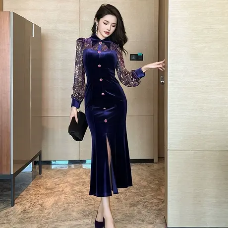 蕾丝拼接新中式女装紫色连衣裙端庄减龄优雅轻奢开叉丝绒鱼尾长裙图片