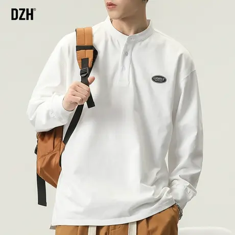 男士白色亨利领t恤男长袖纯棉2024年新款春季美式上衣打底衫体恤图片