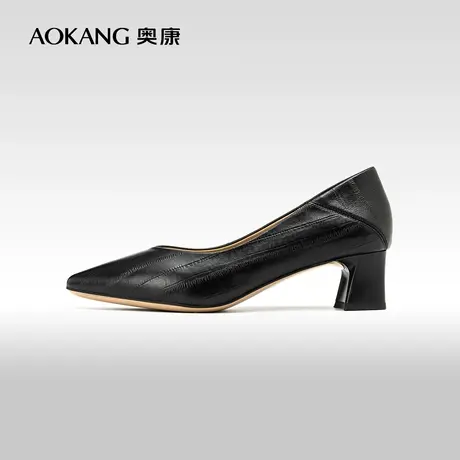 奥康女鞋 2024春季新款尖头粗跟黑色办公室单鞋真皮浅口小皮鞋商品大图