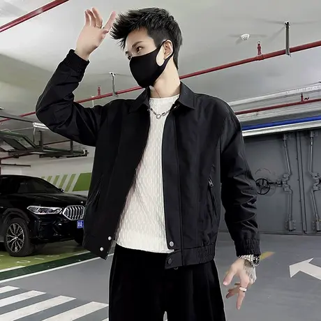外套男春季韩版轻熟风男装短款褂子上衣潮牌纯色休闲翻领工装夹克商品大图