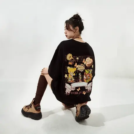 YEP复古黑色印花短袖t恤女夏季2025新款街头潮牌宽松oversize上衣图片