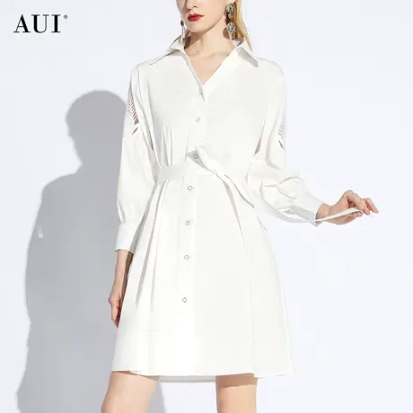 AUI白色御姐气质衬衫连衣裙女2024春新款设计感泡泡袖POLO中长裙图片