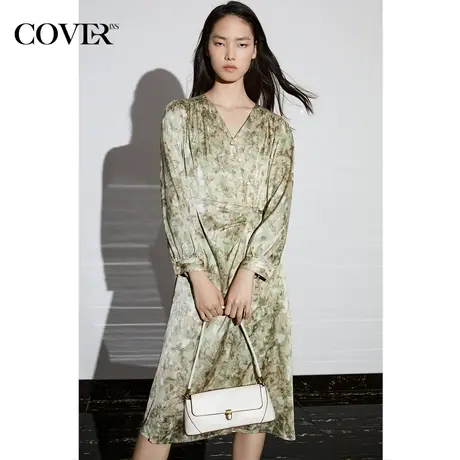 COVER2023春季雪纺绒印花抽褶灯笼袖连衣裙图片