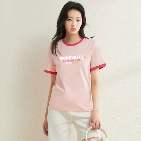 真维斯Z+女装 小清新撞色圆领百搭显瘦短袖T恤字母印花上衣X图片