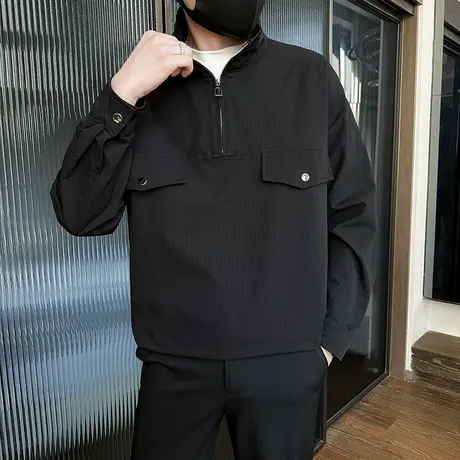 潮牌半拉链工装卫衣男春季纯色简约休闲外套潮流痞帅长袖套头上衣商品大图