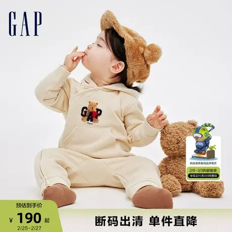 【断码优惠】Gap婴儿冬新年款LOGO碳素软磨抓绒爬服儿童装837087商品大图