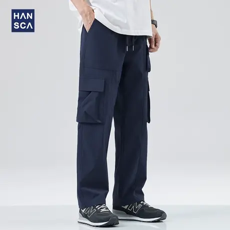 hansca运动直筒休闲裤男春季新款潮牌时尚大贴袋弹力宽松工装裤子商品大图