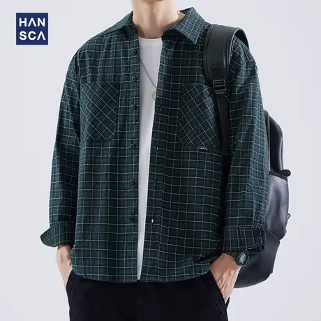 hansca日系重磅格子衬衫男长袖秋季潮牌复古水洗宽松休闲衬衣外套商品大图