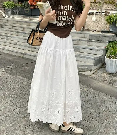 松紧腰白色半身裙女装垂感大摆裙2024春夏新款显瘦a字裙中长裙子图片