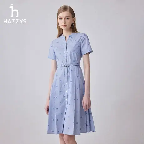【商场同款】Hazzys哈吉斯Y字立领条纹印花短袖连衣裙女士新款裙图片