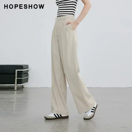 红袖纯色压褶阔腿裤女hopeshow2024春季新款垂感垂直简约休闲裤商品大图
