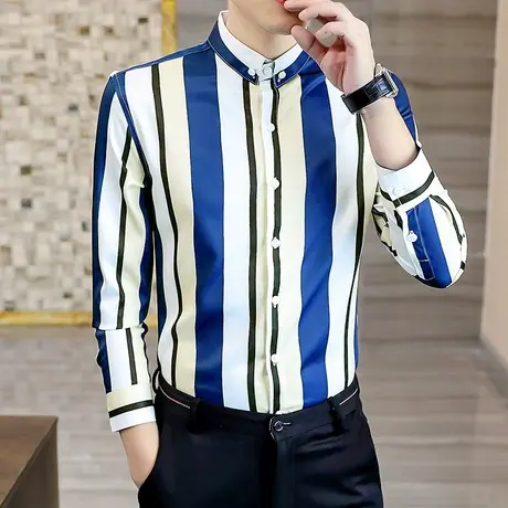 发型师彩色竖条纹长袖衬衫ins潮牌痞帅男士秋季韩版百搭休闲衬衣商品大图