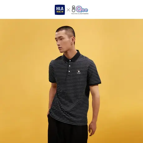 HLA/海澜之家Qee联名短袖POLO衫2023春夏新款条纹撞色弹力短t男图片