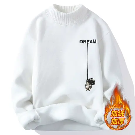 白色毛衣男秋冬季半高领打底衫加绒加厚刺绣线衣服保暖男士针织衫商品大图