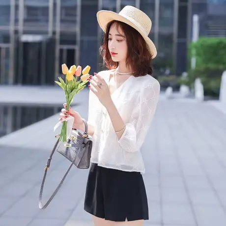 气质短款衬衫2022年春季新款女时尚温柔显瘦通勤百搭纯色上衣商品大图