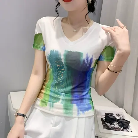 2023新款别致印花T恤女短袖性感网纱打底上衣洋气时髦修身V领小衫商品大图