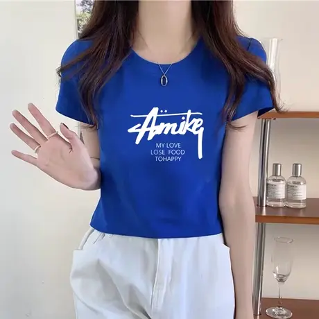 克莱因蓝短袖t恤女2023年夏季新款高级感纯棉正肩短款高腰上衣潮商品大图
