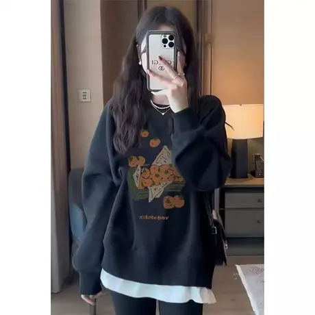 高级感卫衣女秋冬2023年新款爆款美式复古慵懒风宽松圆领小众上衣图片