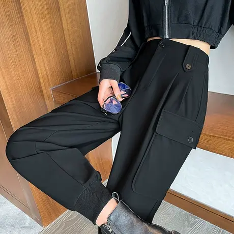 黑色工装运动裤女2023年春秋新款高腰宽松显瘦休闲九分哈伦束脚裤商品大图