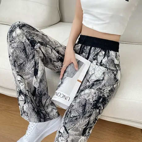 冰丝阔腿裤女2023年夏季薄款扎染高腰垂感宽松水墨画休闲拖地裤子商品大图