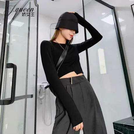 黑色长袖T恤女秋季新款设计感高腰纯色打底衫不规则露脐紧身上衣图片