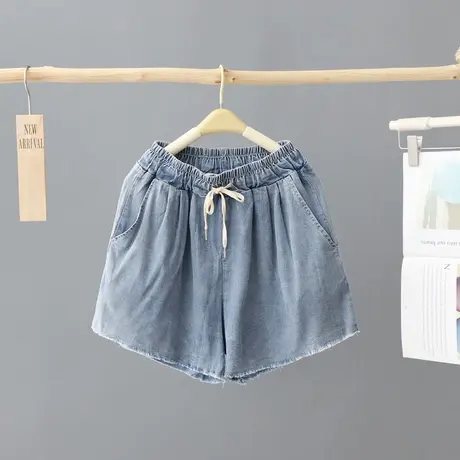 韩版毛边轻薄牛仔短裤女夏季松紧腰宽松阔腿裤直筒裤休闲四分热裤图片
