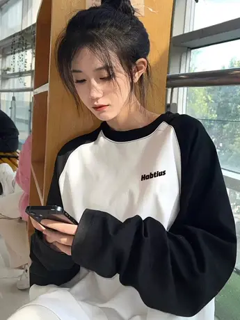 日系复古插肩袖纯棉长袖t恤女2023早秋新款慵懒宽松百搭打底上衣图片