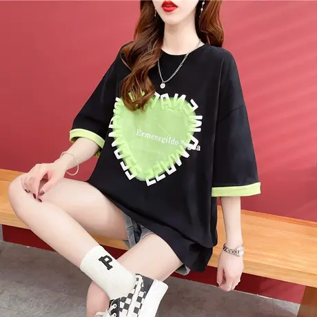 设计感小众短袖t恤女夏季韩版宽松大码女装中长款下衣失踪上衣服图片